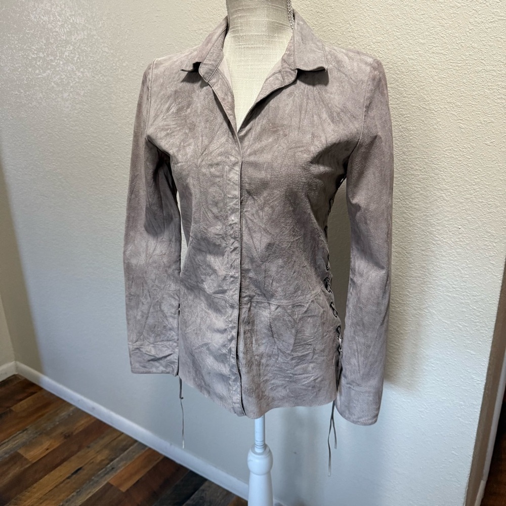 Faux Suede Leather Stylish Gray Snap-Up Shirt/Jacket - Tie Sides - Size Medium
